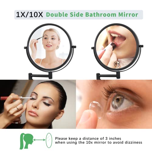 Kacuozx Adjustable Height Double-Sided Mirrors,Wall Mounted Makeup Vanity Mirror,1X/10X Magnifying Mirror For Bathroom,360-Degree Rotation, 180-Degree Retractable Folding (Black) #TOP3