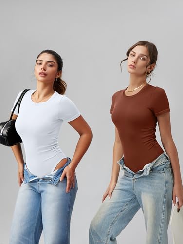 Image of OQQ Women's Crew Neck Short Sleeve Bodysuit Ruched Stretch Vacation Basic for Tops Spring & Summer