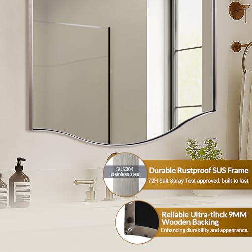 Image of ANDY STAR Brushed Nickel Bathroom Mirror, 20 inchx30 inch Scalloped Wall Mirror in Stainless Steel Metal Frame, Unique Vanity Mirror with Modern Curved Edge Design, Ideal for Bathroom, Bedroom, Entryway