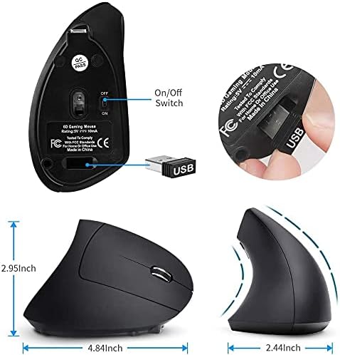Miniatura 6 de shoplease Mouse vertical inalámbrico recargable, mouse óptico ergonómico inalámbrico de 2.4 G con 3 ajustables 80012001600 DPI, adecuado para manos