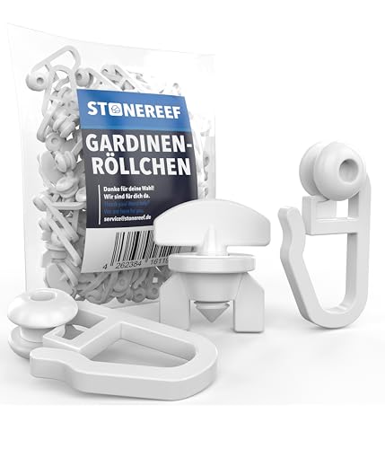 106x Gardinenhaken & Röllchen für Schienensysteme – 100x Gleiter & 6X Stopper – Kunststoffrollen für Gardinenschiene – Vorhanghaken mit Rollengleiter für Kräuselband, 8 mm, Weiß