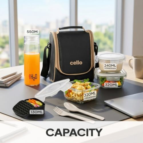 Image of CELLO All In One Glass Lunch Box with Bag for Office Use, Black | 2 x 320ml Square, 1 x 240ml Round, 130ml Plastic Containers, Spoon & Fork with 550ml Glass Bottle Leak Proof Tiffin Box Set for Travel