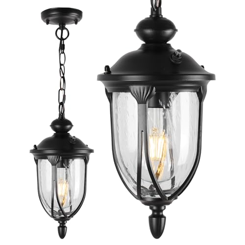 Image of JYZ Vintage Dusk to Dawn Outdoor Hanging Lantern, 17 Inch Rustic Exterior Pendant Light Fixture with Seeded Glass, Antique Black Ceiling Mount Chandelier for Porch, Patio, Gazebo, Entryway JYOPL04-L