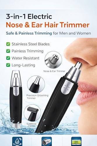 Image of 3-in-1 Electric Nose and Ear Hair Trimmer for Men and Women, Stainless Steel Blades, Painless Trimming, Water Resistant, Rechargeable