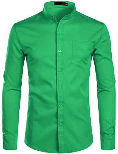PARKLEES Chemise habillée élégante à col grand-père pour homme, coupe ajustée, manches longues, boutonnée avec poche, Vert trèfle, XXL