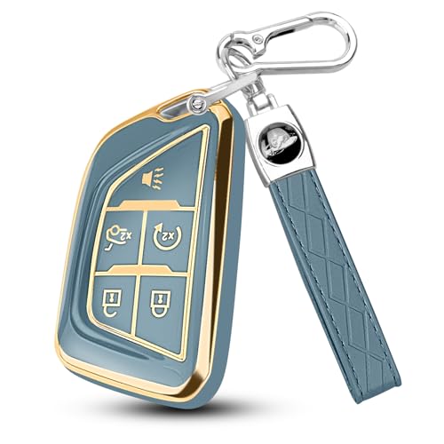 Image of QBUC for Cadillac Key Fob Cover with Leather Keychain (Gold Trim Blue) | Soft TPU Protection Case Compatible with 2020-2026 Cadillac Escalade Lyriq Optiq 5-Buttons