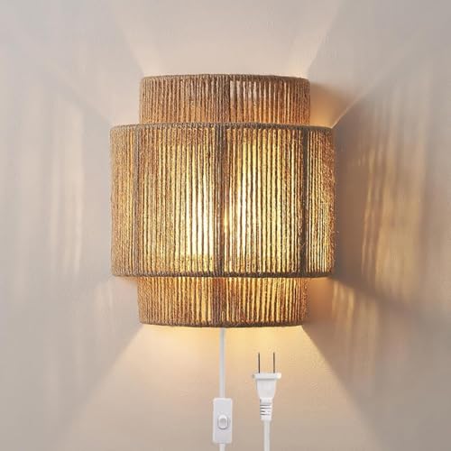 UQVUFIYJ Apliques de Pared de ratán Bohemio con Pantalla de Cuerda de cáñamo Tejida a Mano, Estilo rústico, for Sala de Estar, Dormitorio y Escalera.