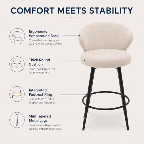 Image of Bar Stools Set of 3, 360 Swivel Breathable Fabric Kitchen Counter Height Stools, 26 inch Upholstered Bar Chair for Kitchen Islands, Restaurant, Ivory