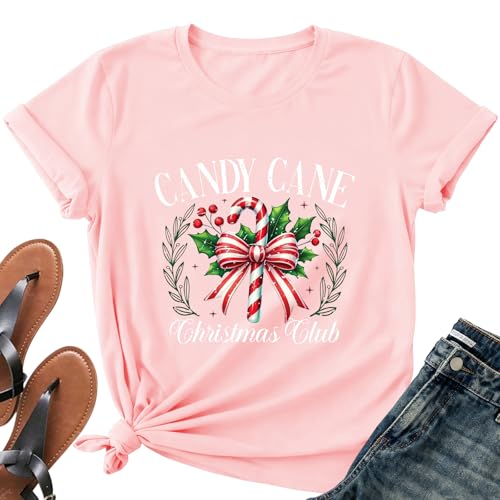Candy Cane Christmas Club Shirts for Women - Xmas Bow Holiday Short Sleeve Festive Holly Tee Tops