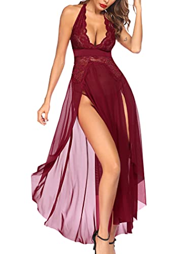 Image of SSoShHub Women Lingerie Deep V Neck Nightwear One Piece Sexy Nightgowns Mosaic Lace Mesh Dress