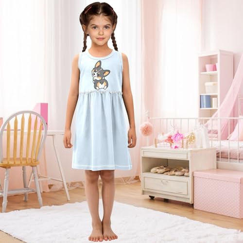 Girl Sleeveless Dress Summer Tank Play Dress Outfit Cute Tricolor Corgi Dog Wink Back 2T-8T3