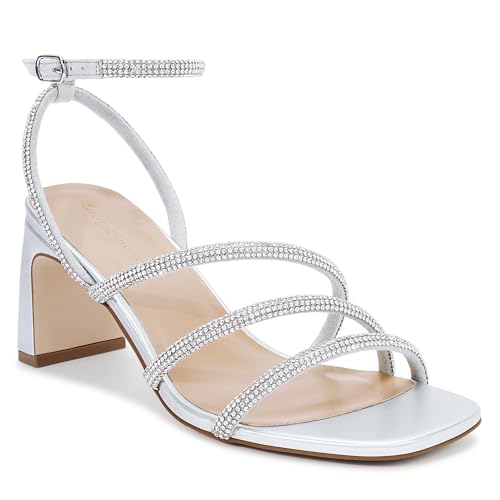 Image of CosyFever Women's Rhinestone Block Heels for Dressy Occasions, Strappy Ankle Strap Dress Heels, Square Toe Evening Heels for Wedding Guest, Prom, Party