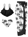 Teen Girls Swimming Suits Size 11-12T Kids Sun Protection Bathing Suit 3 Piece Tankini Set Surf Swimsuit with Cover Up Chiffon Skirt for Vacation Coconut Tree