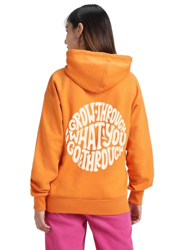 Image of JUNEBERRY Cotton Fleece Regular Fit Hooded Sweatshirt Lastest Back Graphic Printed Winter Hoodies for Women (Available in Colors: Black, SOYA Bean, Orange, Marshmellow, White & Lilac)