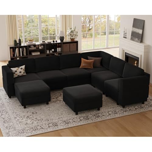 Belffin 114.2" U-Shaped Modular Living Room Set, 7-Seat Deep Couch with Storage Ottoman Chaise, Upholstered Sectional Sofa in Black Velvet Fabric 114.
