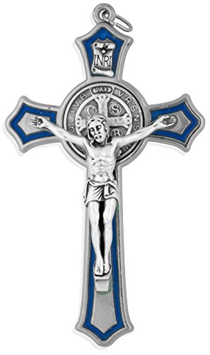 Silver Saint Benedict Cross with Blue Enamel