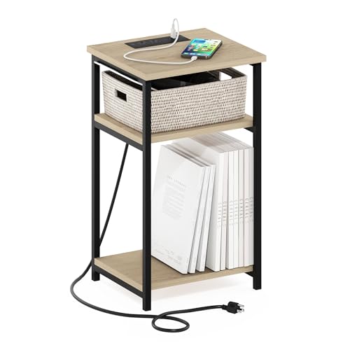 Furinno Moretti Side Table, 3-Tier End Table with Charging Station, Metal Frame Night Stand, Bedside Table with USB and Type-C Charging Port, for Living Room, Bedroom, Bauhaus Oak