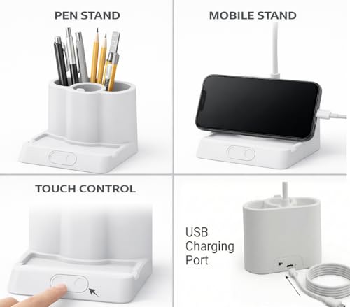 Image of SaleOn Rechargeable LED Study Lamp with Pen Stand & Mobile Holder | Touch Control Table Lamp with 3 Light Modes for Study Desk, Bedside, Office | USB Charging (Rectangular with 3 Pot)