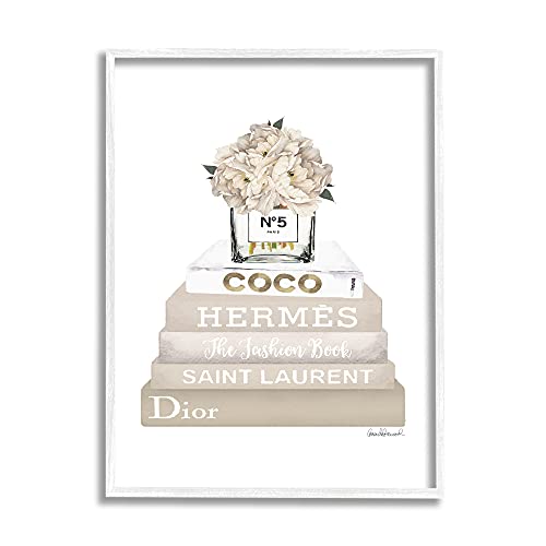 Image of 'Beige High Fashion Bookstack'| Framed Giclee Art | Stupell Industries | White, 24 x 30 Inches, Easy to Hang and Sturdy, Made in USA, by Amanda Greenwood