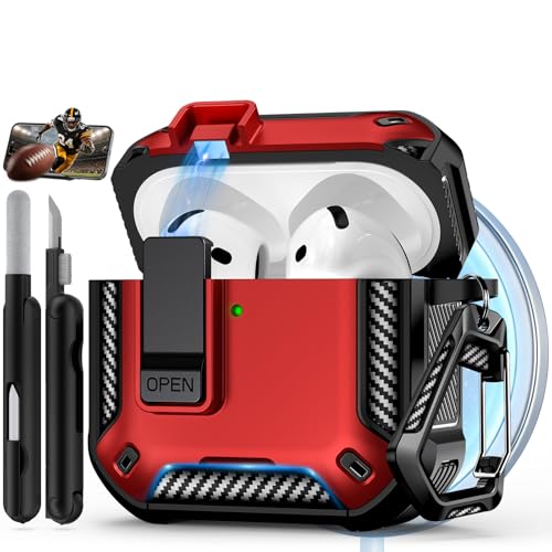 Image of for AirPods 4 Case with Lock & Phone Stand(Red) | Automatic Snap Switch Lock,Carbon Fiber Texture Design Cover with Cleaner Kit,Compatible with MagSafe