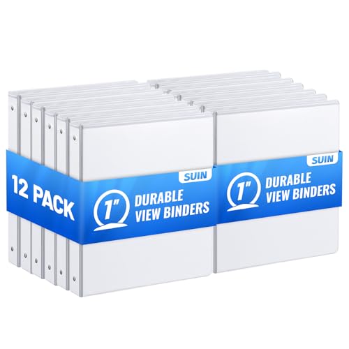 SUIN Bulk 12 Pack 1-inch 3 Ring Binders -Durable 1 Binders with Roung Ring Binder Large 200 Sheet Capacity Fit 8.5 x 11 US Letter Size Paper White (1 White - 12 Packs)