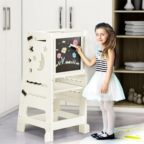 TOETOL-Kids-Kitchen-Bamboo-Step-Stool-with-Keeper-Toddler-Standing-Tower-3-Height-Adjustable-Helper-Tower-with-Black-White-Activity TOETOL Kids Kitchen Bamboo Step Stool with Keeper Toddler Standing Tower 3 Height Adjustable Helper Tower with Black White Activity