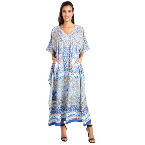 Image of Miss Lavish London Pink Ethnic Print Kaftan Dresses for Women V Neck Batwing Sleeve Beach Vacation Bikini Swimsuit Cover Ups, Plus Size African&Dubai Caftan Maxi Beach Dress with Side Slits-Pink-3XL