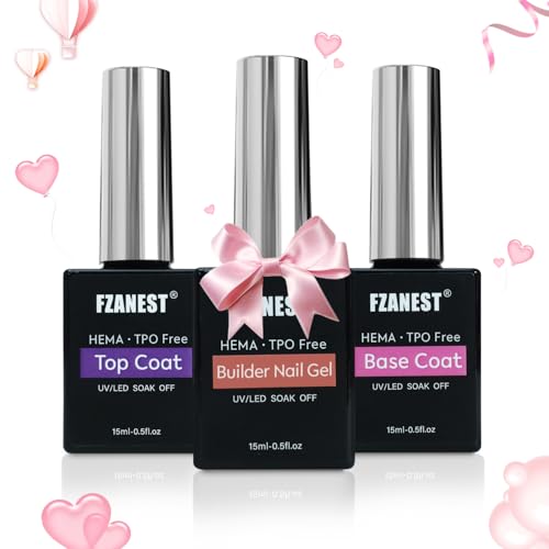 FZANEST Builder Nail Gel With Gel Top and Base Coat HEMA Free, 15ml * 3pcs Gel Nail Kit for Nail Thickening Apex Nail Extension Soak Off No Wipe Gel Top Coat Base Hard Gel Nails, LED Nail Lamp Cured