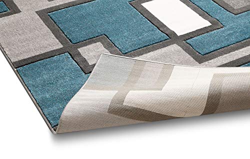 Uptown Squares Blue & Grey Modern Geometric Comfy Casual Hand Carved Area Rug (5'3" X 7'3") Easy To Clean Stain Fade Resistant Abstract Boxes Contemporary Thick Soft Plush Living Dining Room #TOP3