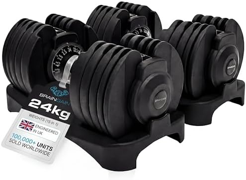 BRAINGAIN 15-in-1 Adjustable Dumbbells 24kg Pair, Quick Change We...