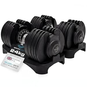 BRAINGAIN 15 in 1 Adjustable Dumbbells 24kg Pair, Quick Change Weights, Space Saving Home Gym Set, Secure Locking System, Non Slip Grip, Includes Storage Dock