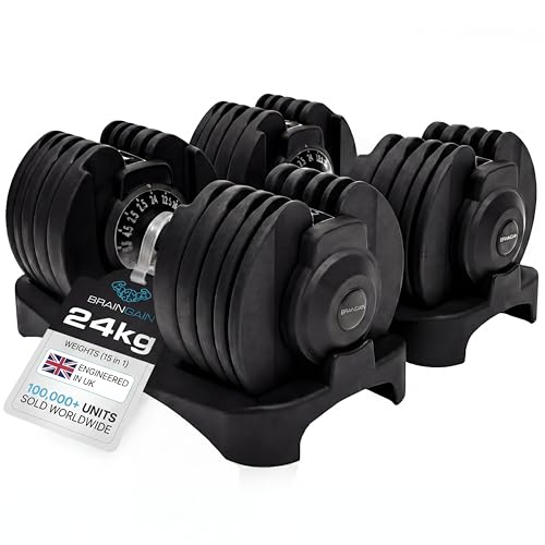 BRAINGAIN 15 in 1 Adjustable Dumbbells 24kg Pair, Quick Change Weights, Space Saving Home Gym Set, Secure Locking System, Non Slip Grip, Includes Storage Dock