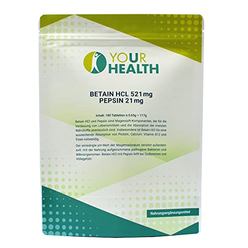 uHealth BETAIN HCL 521 mg PEPSIN 21 mg - 180 Tabletten, frei von Farb- oder Konservierungsstoffe Cover