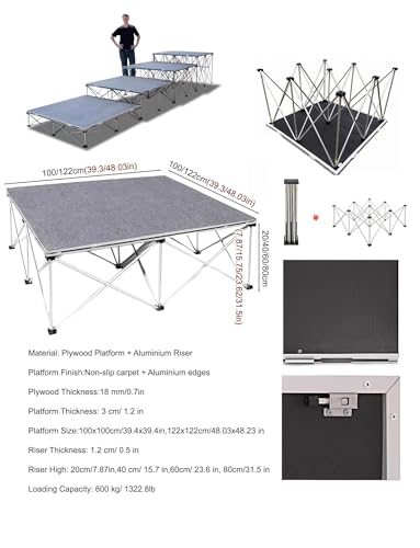 Piattaforma modulare pieghevole, piattaforma da palcoscenico ad incastro da 122 x 122 cm, resistente capacità 599,6 kg, superficie antiscivolo per eventi, concerti, mostre