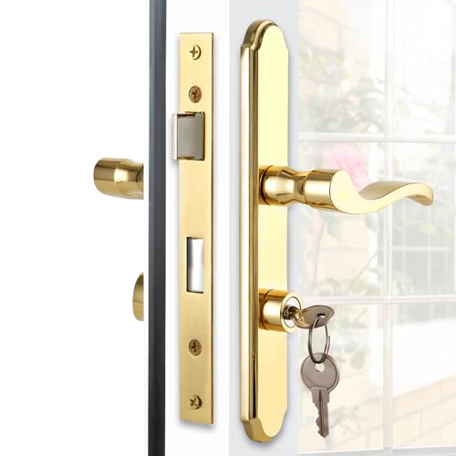 MaxxGeek Flat Slot Storm Door Handle Complete Set Mortise Keyed Lever Mount Latch with Deadbolt for Screen and Storm Doors (Bright Gold)