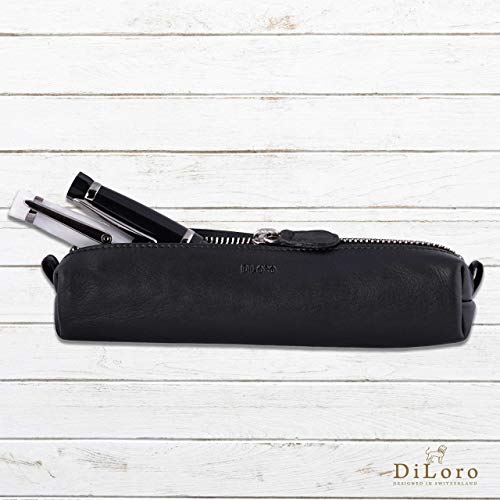 Image of DiLoro Leather Zippered Fountain Ballpoint Rollerball Pens and Pencils Case Holder Pouch Genuine Full Grain Soft Nappa Leather (Black)
