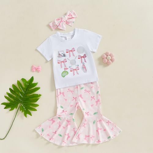 Toddler Baby Girl Golf Outfit Short Sleeve CrewNeck Bow T-Shirt Golf Print Flare Pants Headband 3Pcs Summer Clothes2
