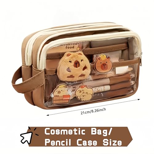 Image of Kawaii Capybara Pencil Case Kit with Plush +Notepad+Pendant+Stickers+Binder clips+Diary Clip+Pens, 5-Layer Large Capacity Capybara Stationery Set Gifts for Office, Makeup. (Brown)