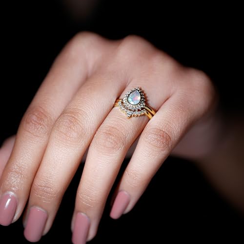Real Opal Diamond Wedding Ring Set, Aaa Quality, Certified Rainbow Opal 5X7 mm Pear Engagement Ring with Enhancer4