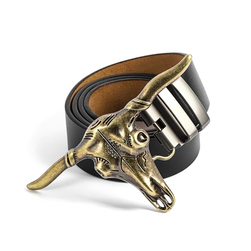 Western Belt Cowboy Belts for Men Women, Western Leather Belts Bull Buckle Belt for Jeans, Buckle Removable Plaque