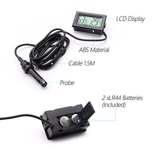 Mini Reptile Terrarium Thermometer Hygrometer with Probe Reptile Thermometer and Humidity Gauge Digital Pet Thermometer with Fast Readout for Turtles Lizards Care Aquariums (Black)