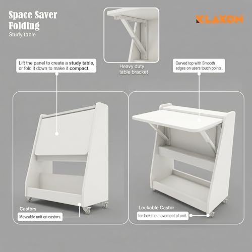 Image of Klaxon Foldable Study Table with Drawer & Storage Shelf | Compact Desk for Home & Students | Folding Design with Lockable Wheels. (Black, DIY Installation) (White, Mylo)