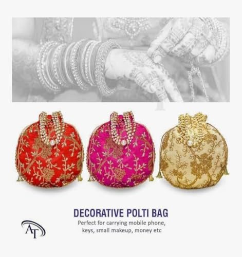 Image of AT Traders Embroidered Potli Bag Pack of 18 | Leaf Floral Design With Moti Handle Batwa Bag | Traditional Shagun Potli for Return Gifts | Ideal for Mehandi, Haldi, Baby Shower, Wedding, Sangeet