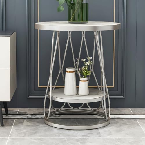 CROWN ART SHOPPEE Modern Side Table Corners Living Room Square Table Double Tier Sofa Side Table,Round Base Coffee Table,Portable Bedroom Nightstands Small Space (White Grey)