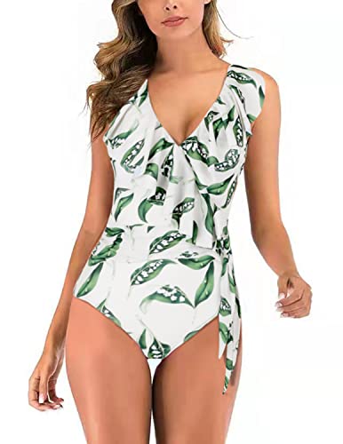 BUOYDM Femme Maillot de Bain 1 Pièce à Volants col V Ceinture à Nouer Maillot Sexy Tankini Push Up Bikini Feuilles L Cover