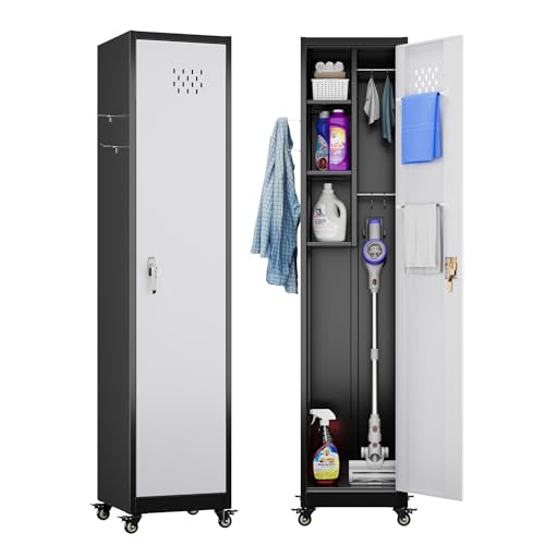 Aobabo 72' H Garage Storage Cabinet with Wheels, Metal Broom Closet Storage Cabinet with Hooks, for...