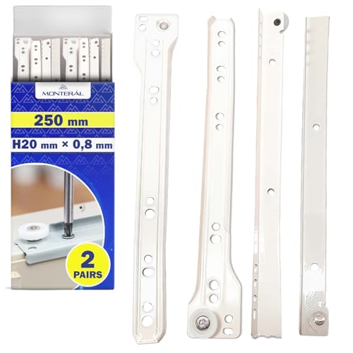 1 Paire Glissiere pour Tiroir 250 mm H20 mm x 0,8 mm - Blanches Coulisse Tiroir à Rouleaux Ont une Extension Partielle de 183 mm - Garantie de 10 Ans - MONTERAL
