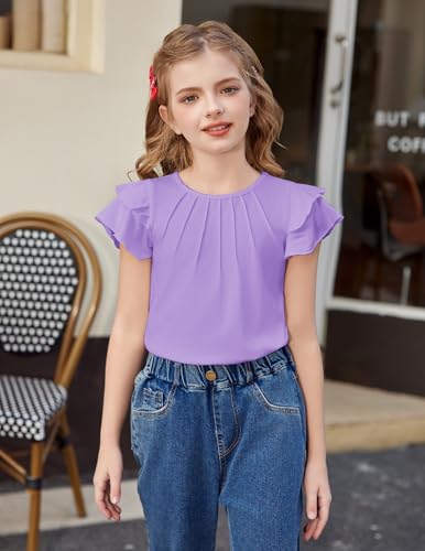 Arshiner Girls T Shirts Ruffle Short Sleeve Summer Pleated Crewneck Casual Tops Tees Blouses2