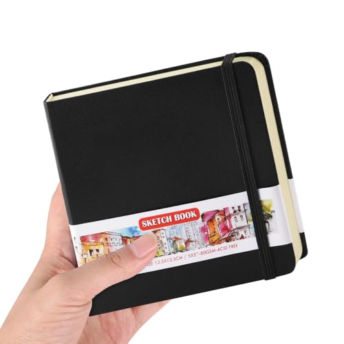 Image of 5x5 Pocket Sketch Book,80gsm Hardcover Art Sketchbook for Drawing Journal | PU Cover,Blank Paper,96Sheets /192Pages,Lay-Flat,Portable Travel Creation Paint Diary Memo Planner,Dry Media.Black