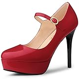Allegra K Women's Platform Mary Jane Pumps Ankle Strap Red Stiletto High Heels Dress Shoes 7.5 M US